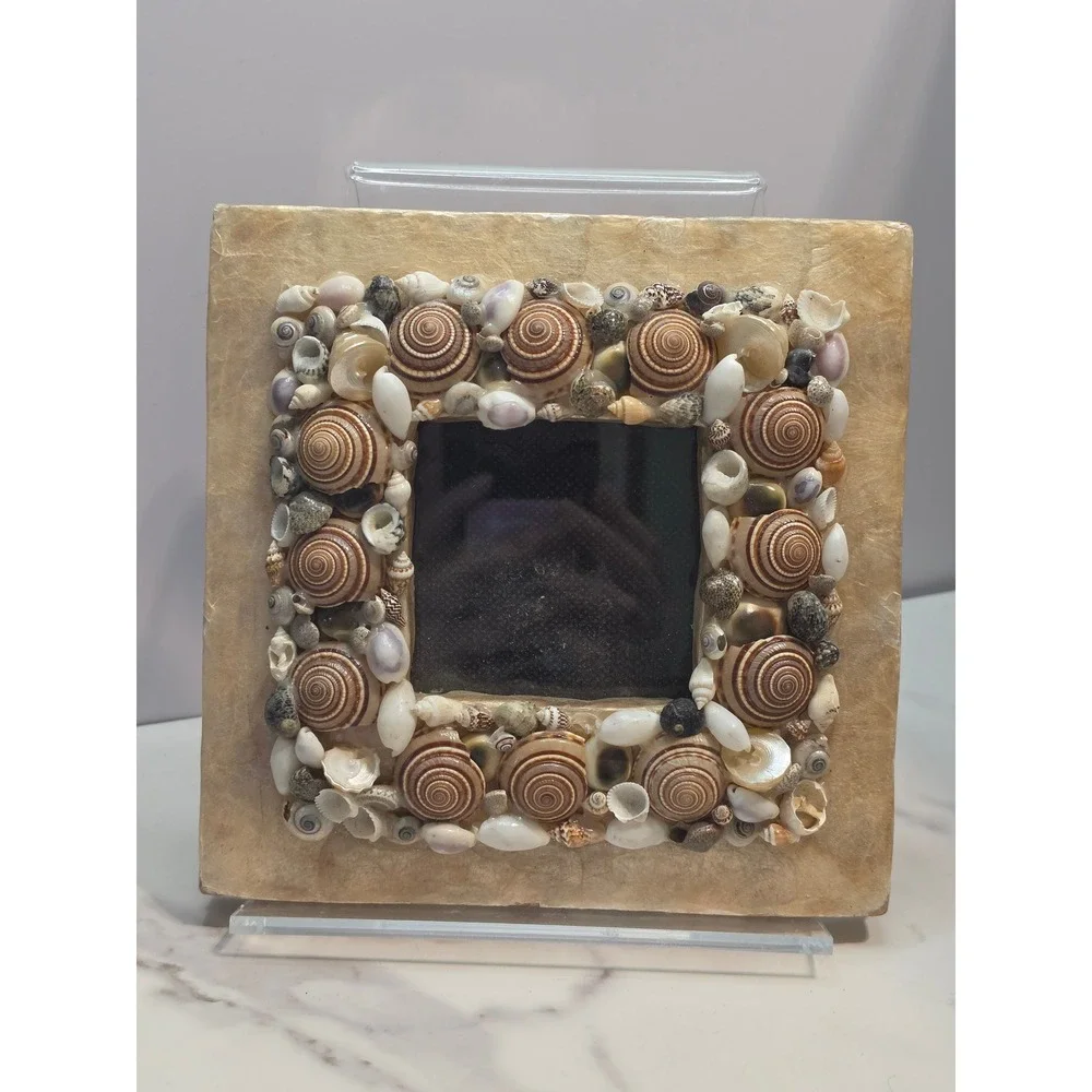 Natural Sea Shell Square Picture Frame 7x7 Coastal Boho Decor Easel Back Brown